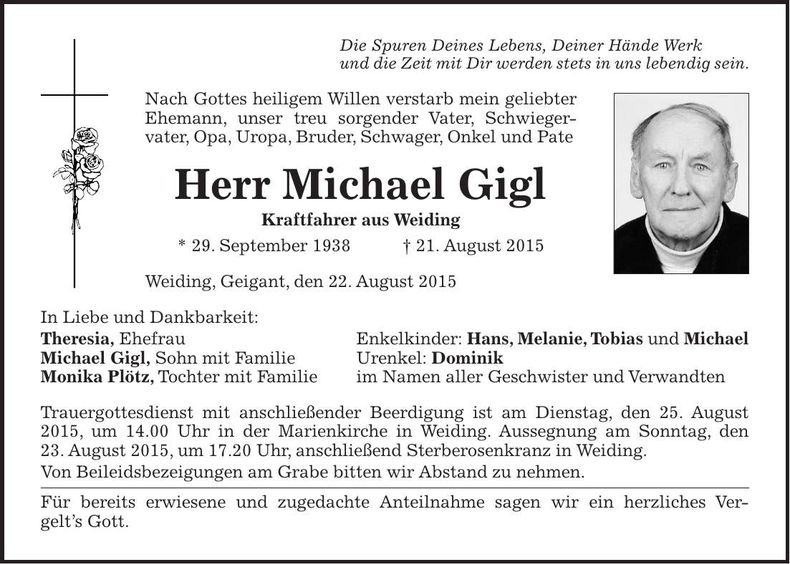 Traueranzeige Michael Gigl