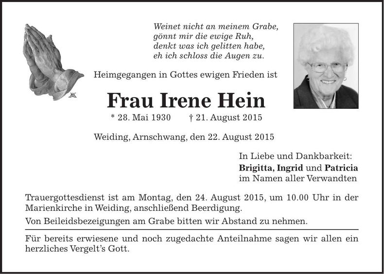 Traueranzeige Irene Hein