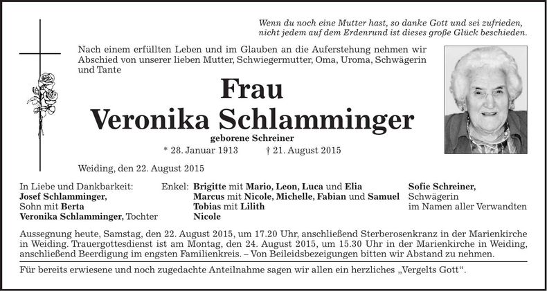 Traueranzeige Veronika Schlamminger