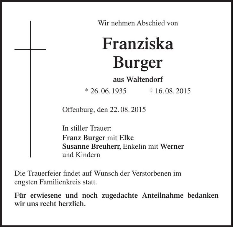 Traueranzeige Franziska Burger
