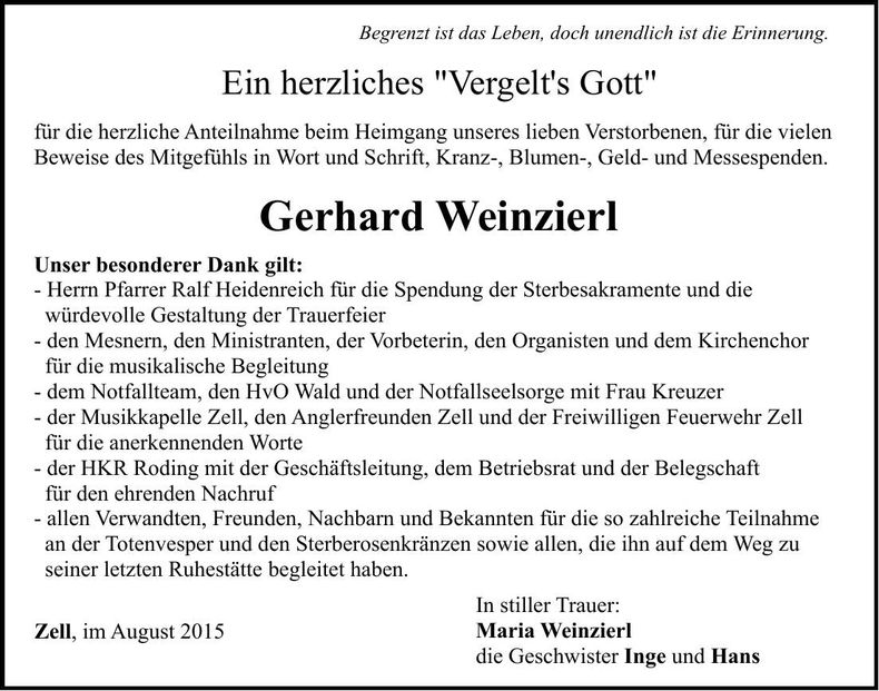 Traueranzeige Gerhard Weinzierl