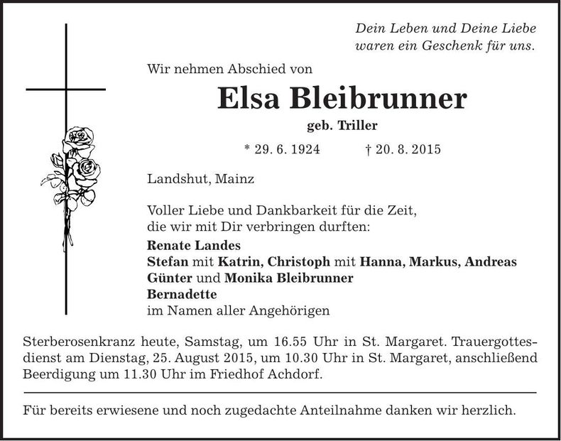 Traueranzeige Elsa Bleibrunner