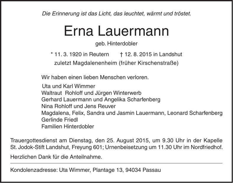 Traueranzeige Erna Lauermann