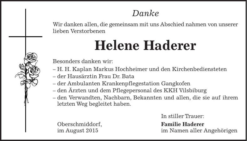 Traueranzeige Helene Haderer