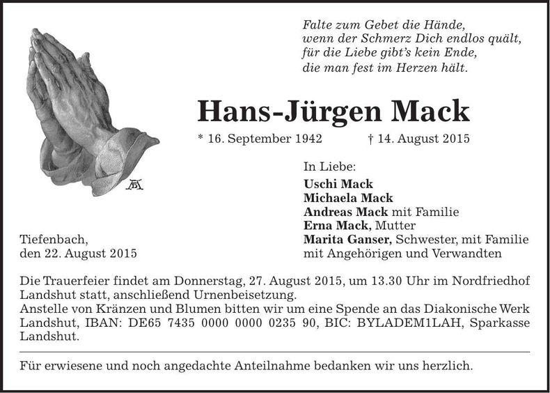 Traueranzeige Hans-Jürgen Mack