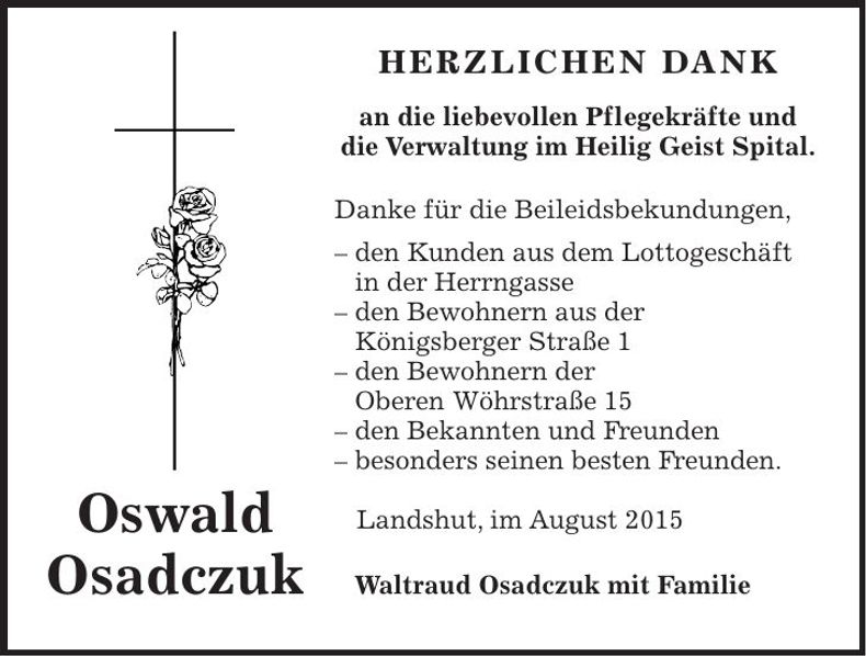 Traueranzeige Oswald Osadczuk