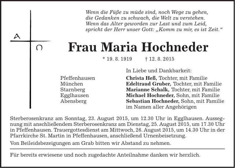 Traueranzeige Maria Hochneder