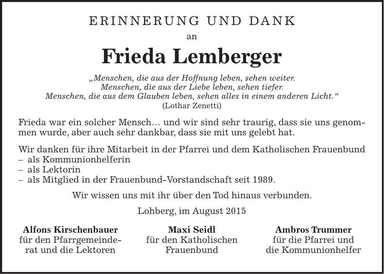 Traueranzeige Frieda Lemberger