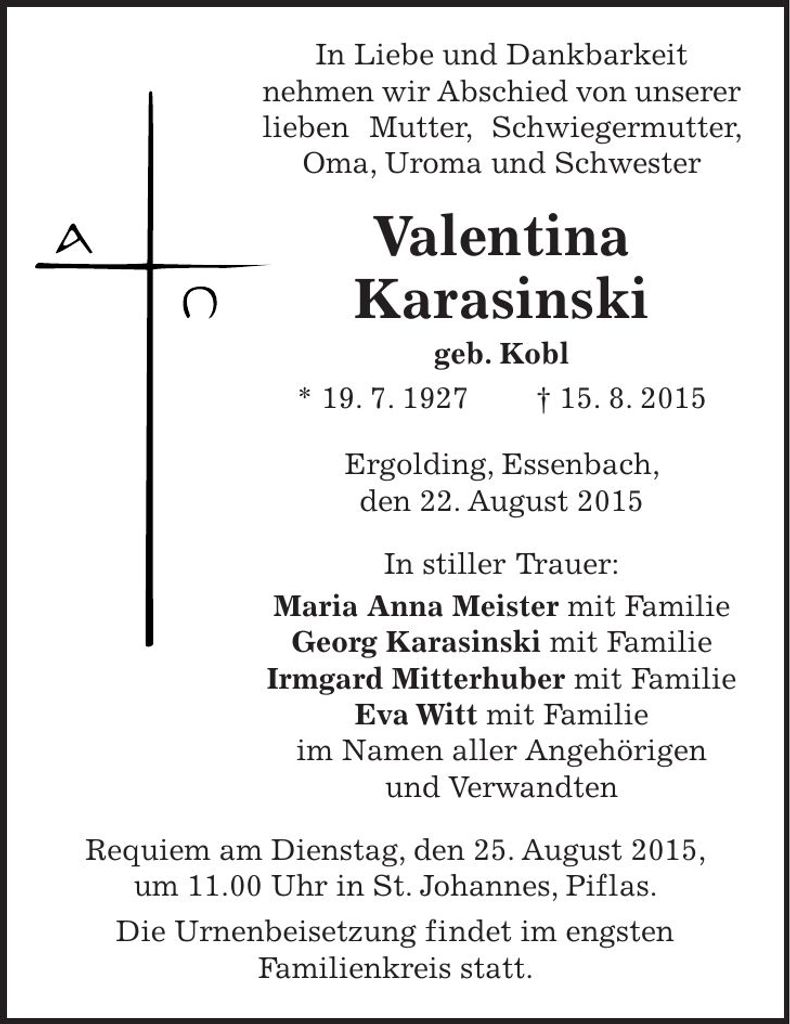 Traueranzeige Valentina Karasinski