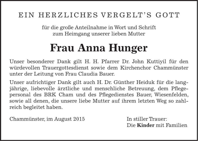 Traueranzeige Ernst Hunger