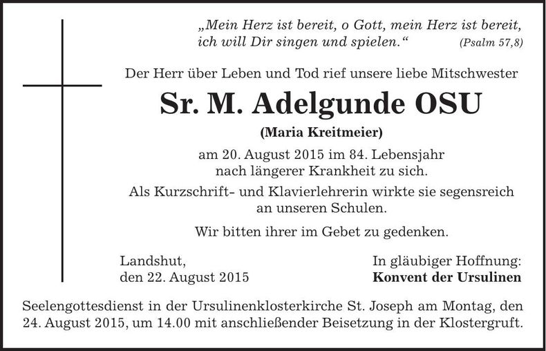 Traueranzeige Maria Kreitmeier