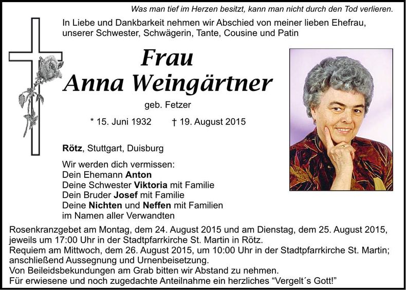 Traueranzeige Anna Weingärtner