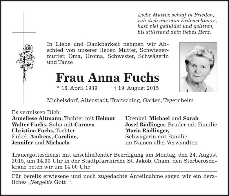 Traueranzeige Anna Fuchs