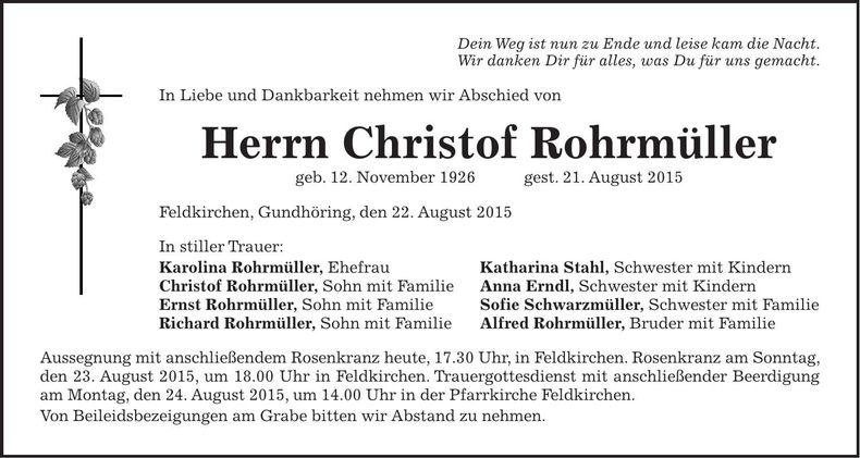 Traueranzeige Christof Rohrmüller