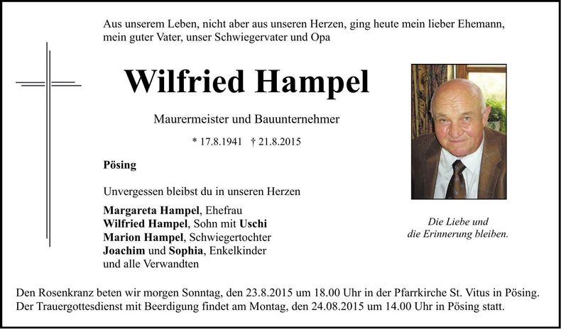 Traueranzeige Wilfried Hampel
