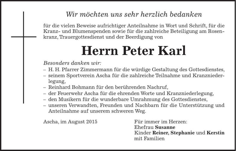 Traueranzeige Peter Karl