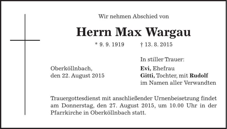 Traueranzeige Max Wargau