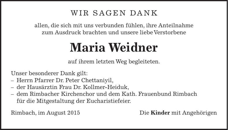 Traueranzeige Maria Weidner