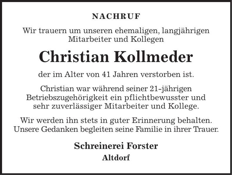 Traueranzeige Christian Kollmeder