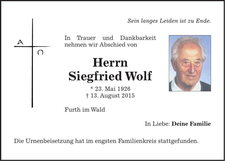 Traueranzeige Siegfried Wolf