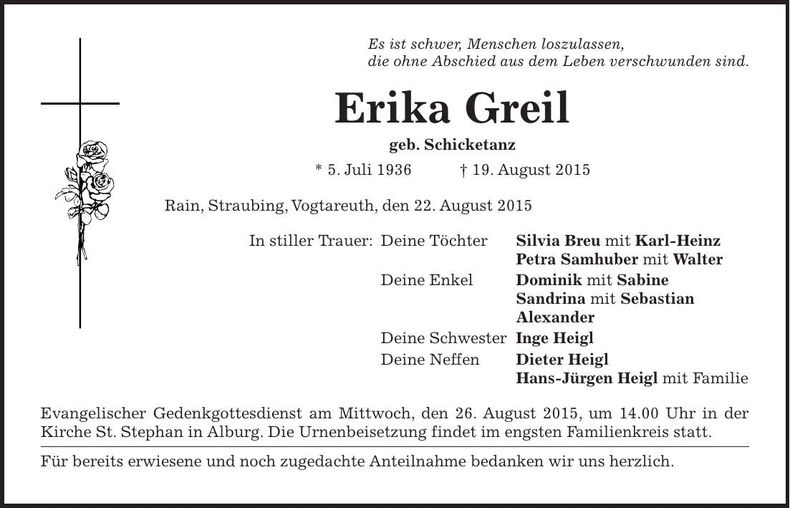 Traueranzeige Erika Greil