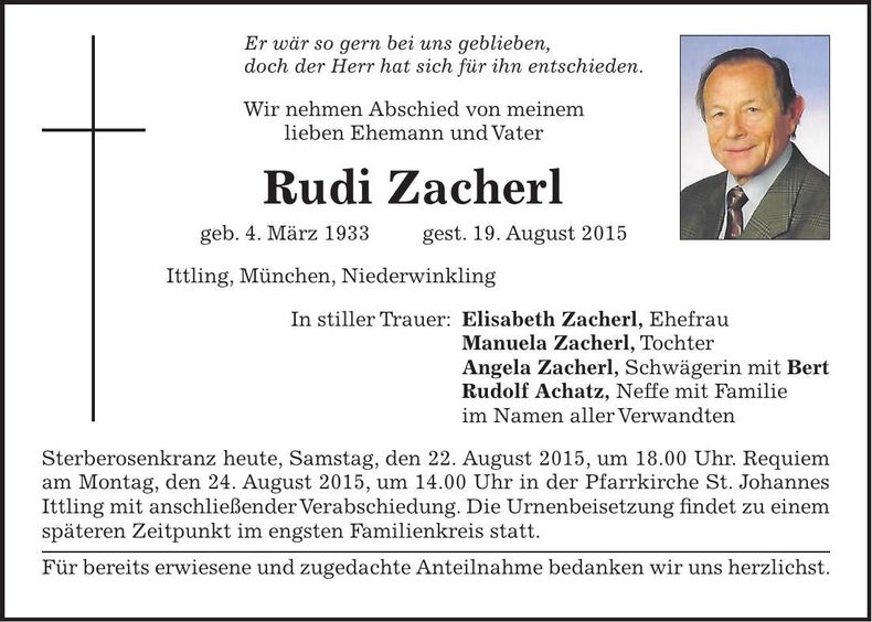 Traueranzeige Rudi Zacherl