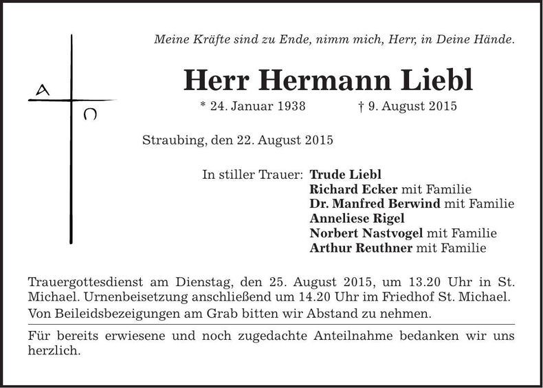 Traueranzeige Hermann Liebl