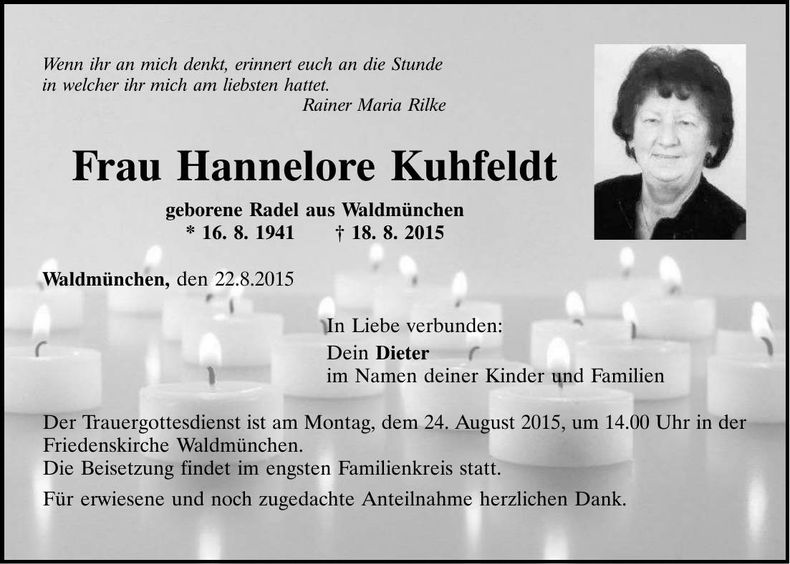 Traueranzeige Hannelore Kuhfeldt