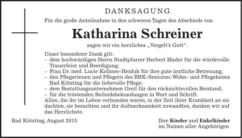 Traueranzeige Katharina Schreiner