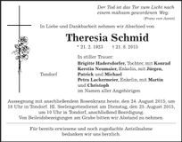 Traueranzeige Theresia Schmid