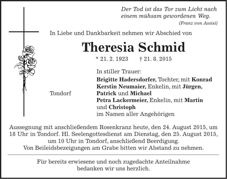 Traueranzeige Theresia Schmid