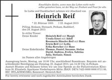 Traueranzeige Heinrich Reif