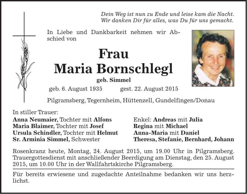 Traueranzeige Maria Bornschlegl