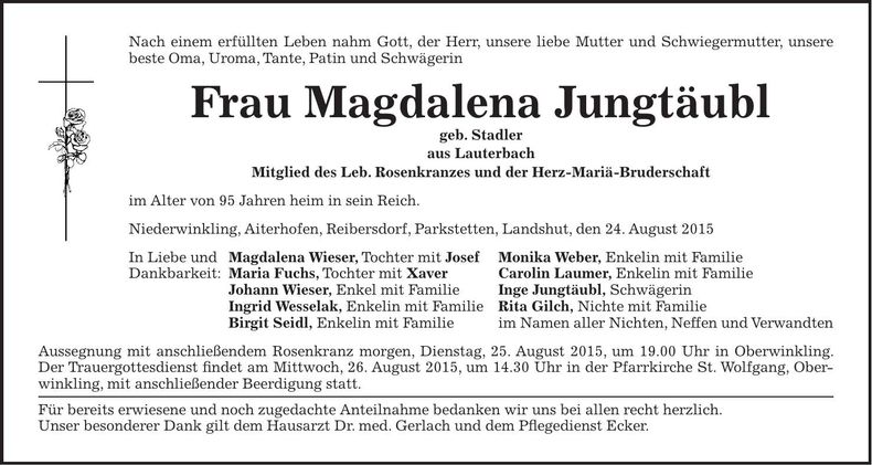Traueranzeige Magdalena Jungtäubl