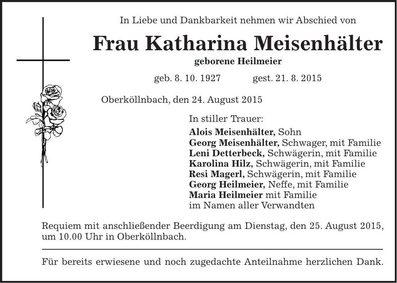 Traueranzeige Katharina Meisenhälter