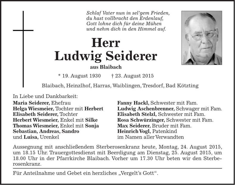 Traueranzeige Ludwig Seiderer