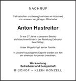 Traueranzeige Anton Hastreiter