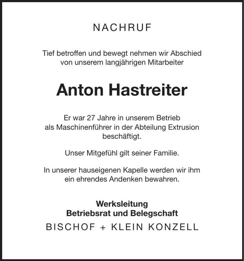 Traueranzeige Anton Hastreiter