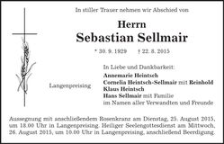 Traueranzeige Sebastian Sellmair