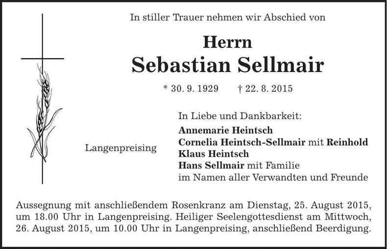 Traueranzeige Sebastian Sellmair