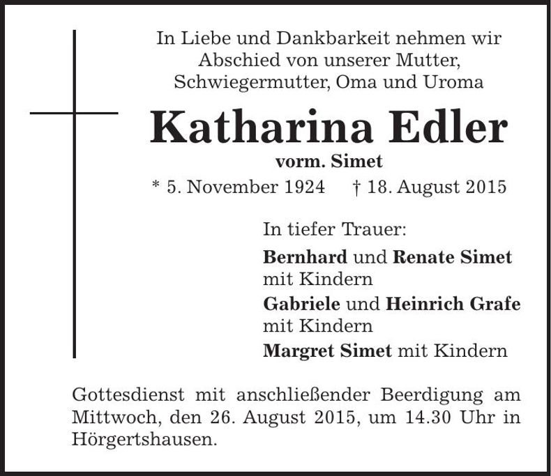 Traueranzeige Katharina Edler