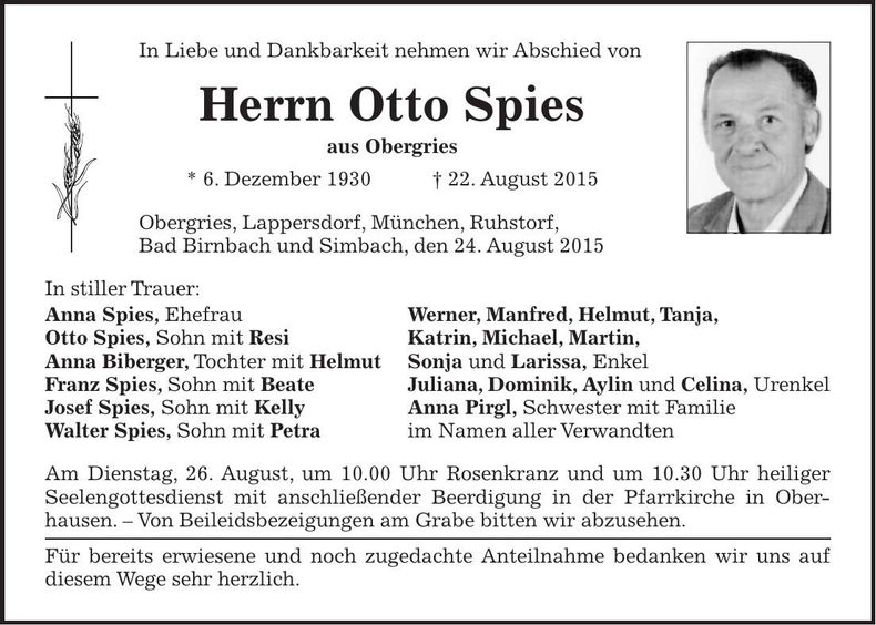 Traueranzeige Otto Spies