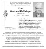Traueranzeige Gertraud Kehlringer