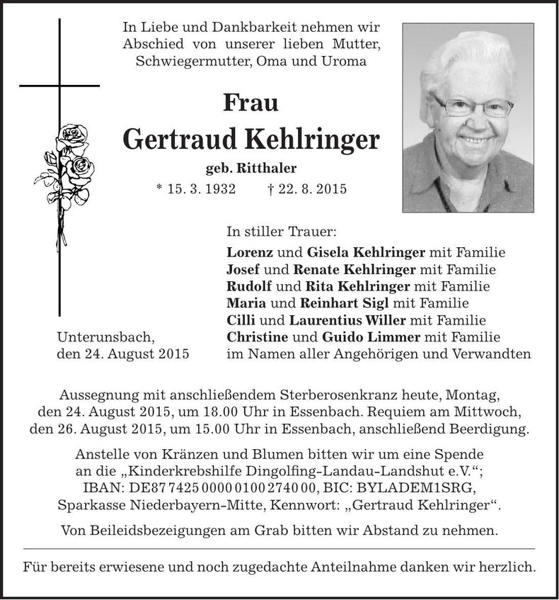 Traueranzeige Gertraud Kehlringer