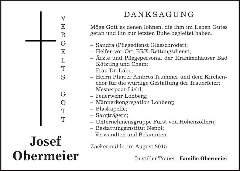 Traueranzeige Josef Obermeier