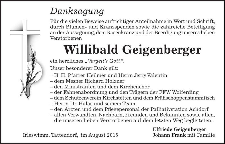 Traueranzeige Willibald Geigenberger