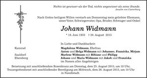 Traueranzeige Johann Widmann