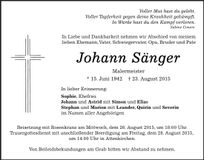 Traueranzeige Johann Sänger