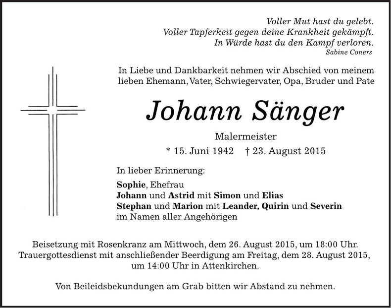 Traueranzeige Johann Sänger