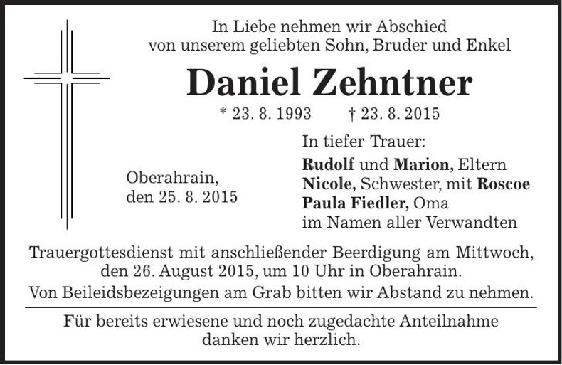 Traueranzeige Daniela Zehntner